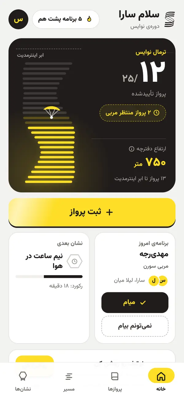 صفحهی اصلی اپ هنرجوهای سورن فلای